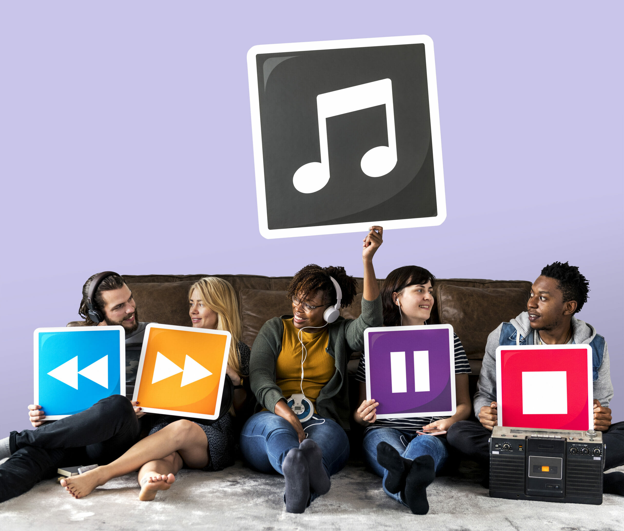 People holding media player icons and a musical note
