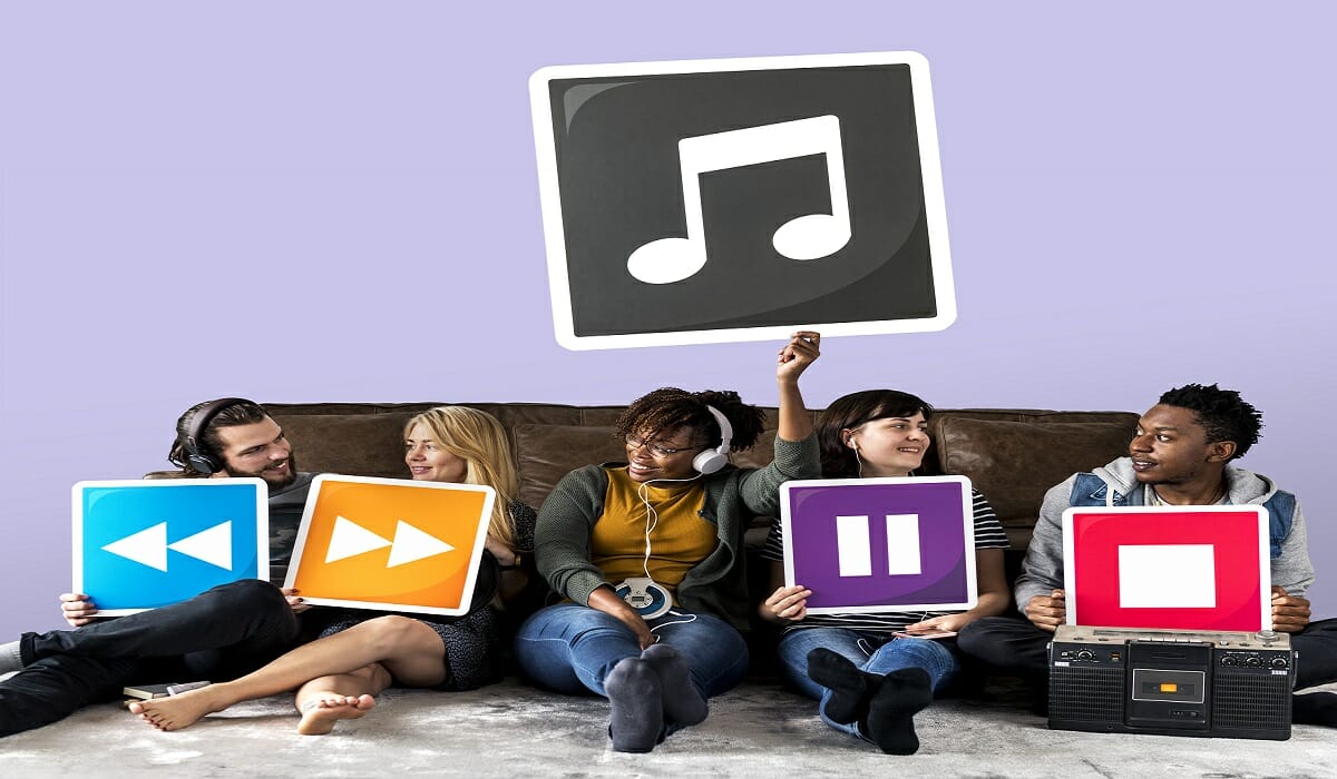 People holding media player icons and a musical note